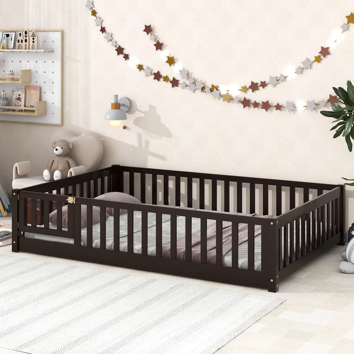 PAPROOS Twin Size Floor Bed, Solid Wood Toddler Bed with Slat, Fence Guardrail and Door, No Box Spring Needed, Montessori Bed, Twin Bed for Kids, Boys, Girls, Gray