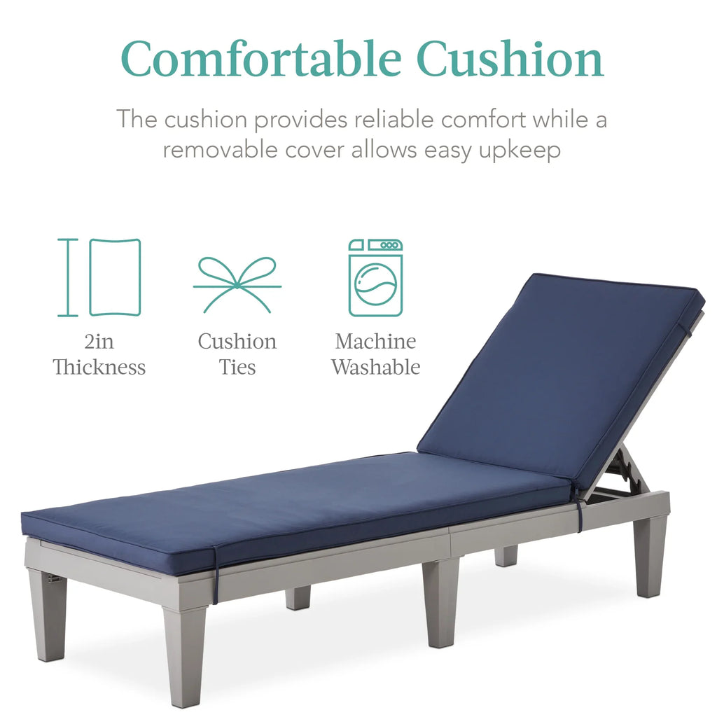 Best Choice Products Outdoor Lounge Chair, Resin Patio Chaise Lounger w/ Seat Cushion, 5 Positions - Gray/Navy