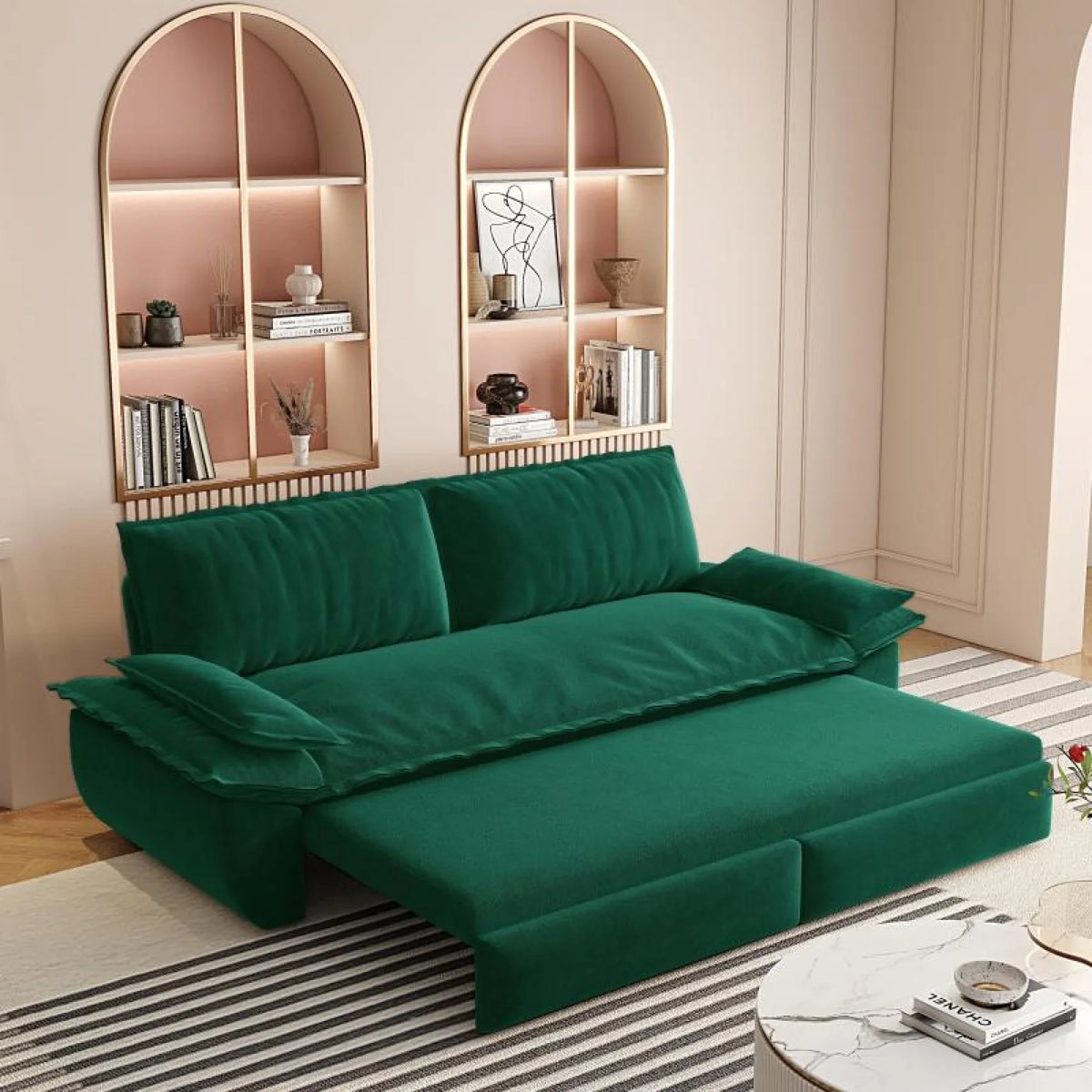 66" Queen Pull Out Sofa Bed, 3-in-1 Convertible Sleeper Sofa with Side Storage,Multi-Functional Velvet Loveseat Bed for Living Room,Bedroom