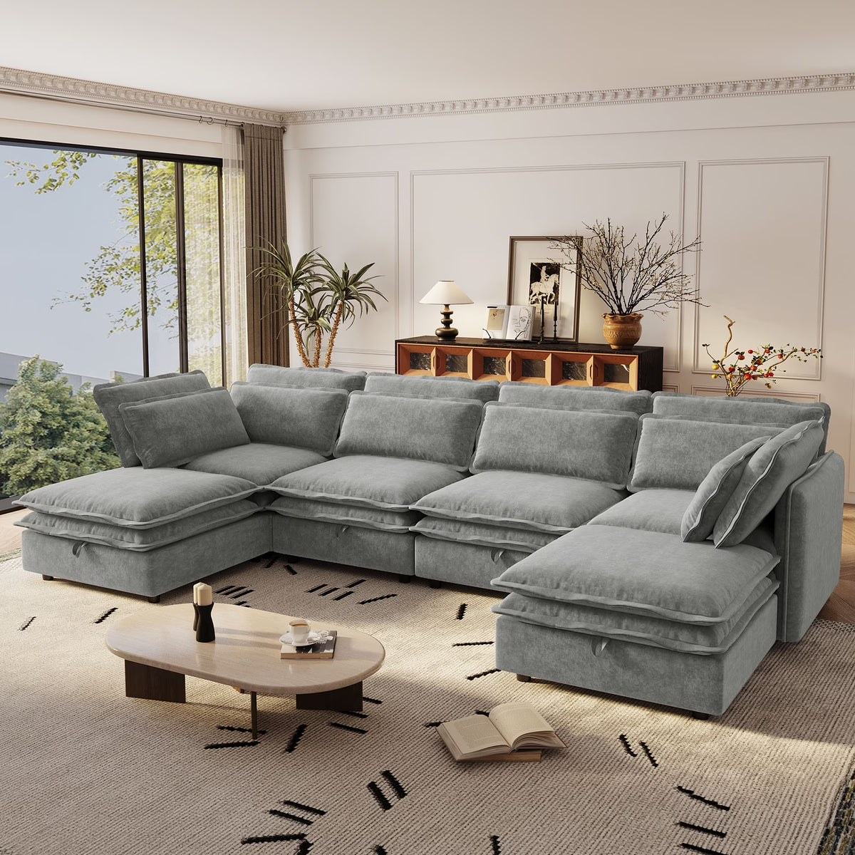 Harper & Bright Designs Modern Modular Corner Sofa Sectional with 2 Storage Ottomans, Free Combination L-Shaped Couch Set with Double-Layer Cushion for Living Room, Dark Blue