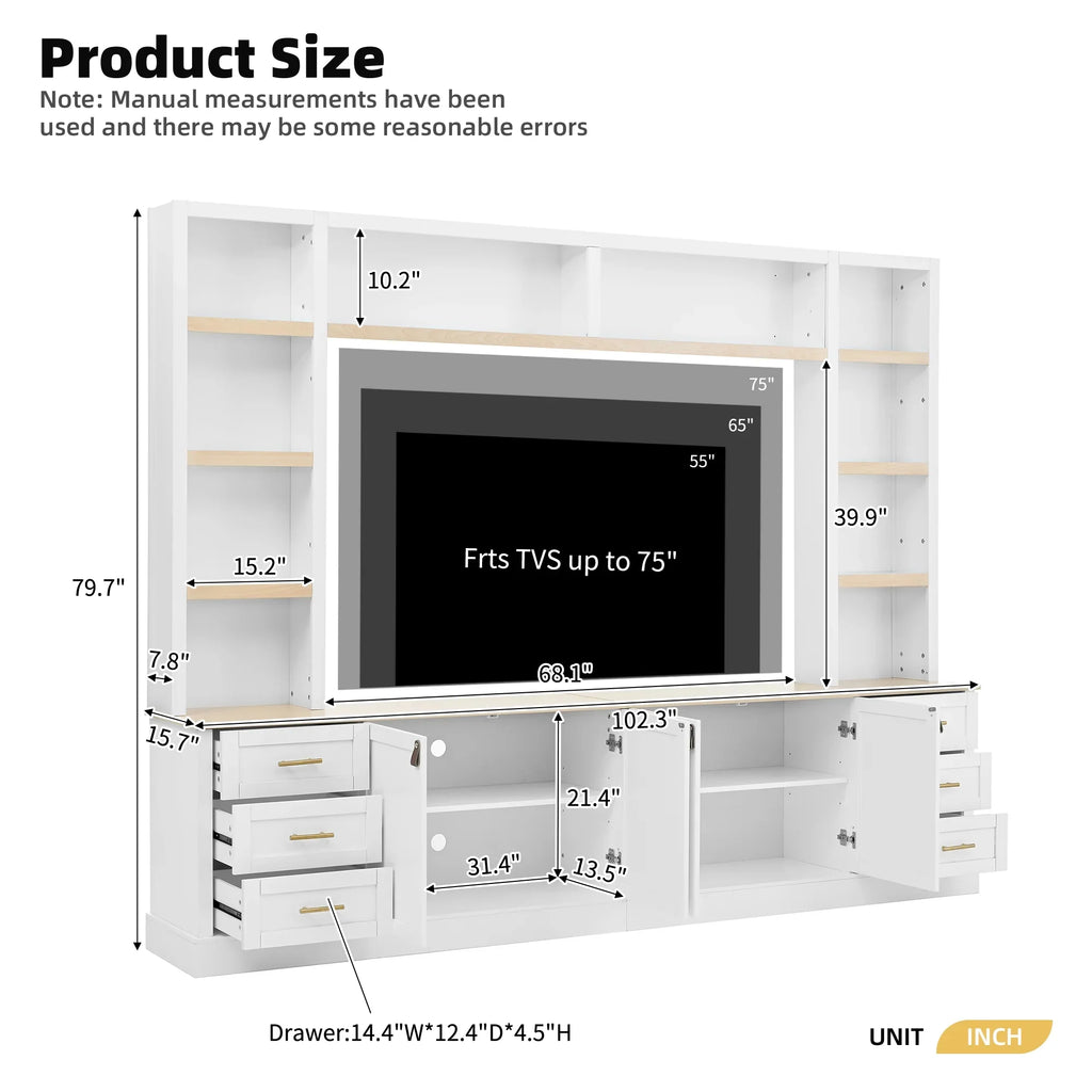Euroco 102.3"W Farmhouse 4-Piece Entertainment Center Wall Unit with Adjustable Shelf, Modern Large TV Stand with Bookshelves