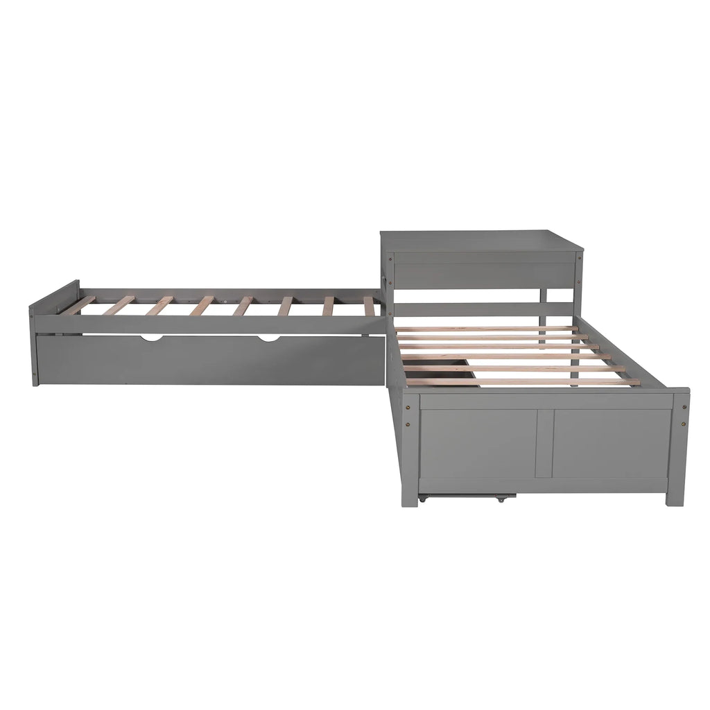 Euroco Wood Twin Size L-Shaped Platform Bed with Square Storage Table for Kids Teens, 2 Platform Beds with Trundle and Drawers for Living Room, 3 Twin Beds, Gray