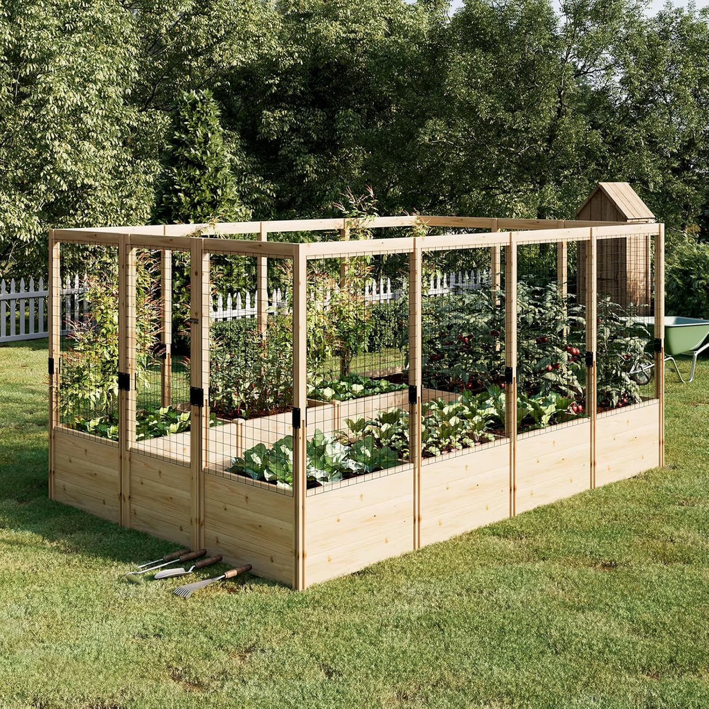 Jocisland Wooden Raised Garden Bed for Outdoor, Deep Large Planter Box with Netting for Gardening, Vegetables, Herbs"8"9"6 ft"