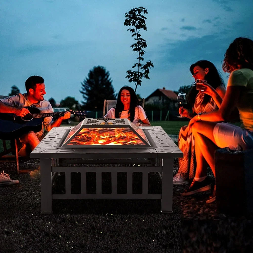 Wood Burning Fire Pits for Outside, 32" Square Iron Fire Pit Backyard Patio Garden Stove Wood Burning Fire Pit w/ Mesh Screen Lid, Wood Grate, Poker, Durable Fire Pit, Q5946