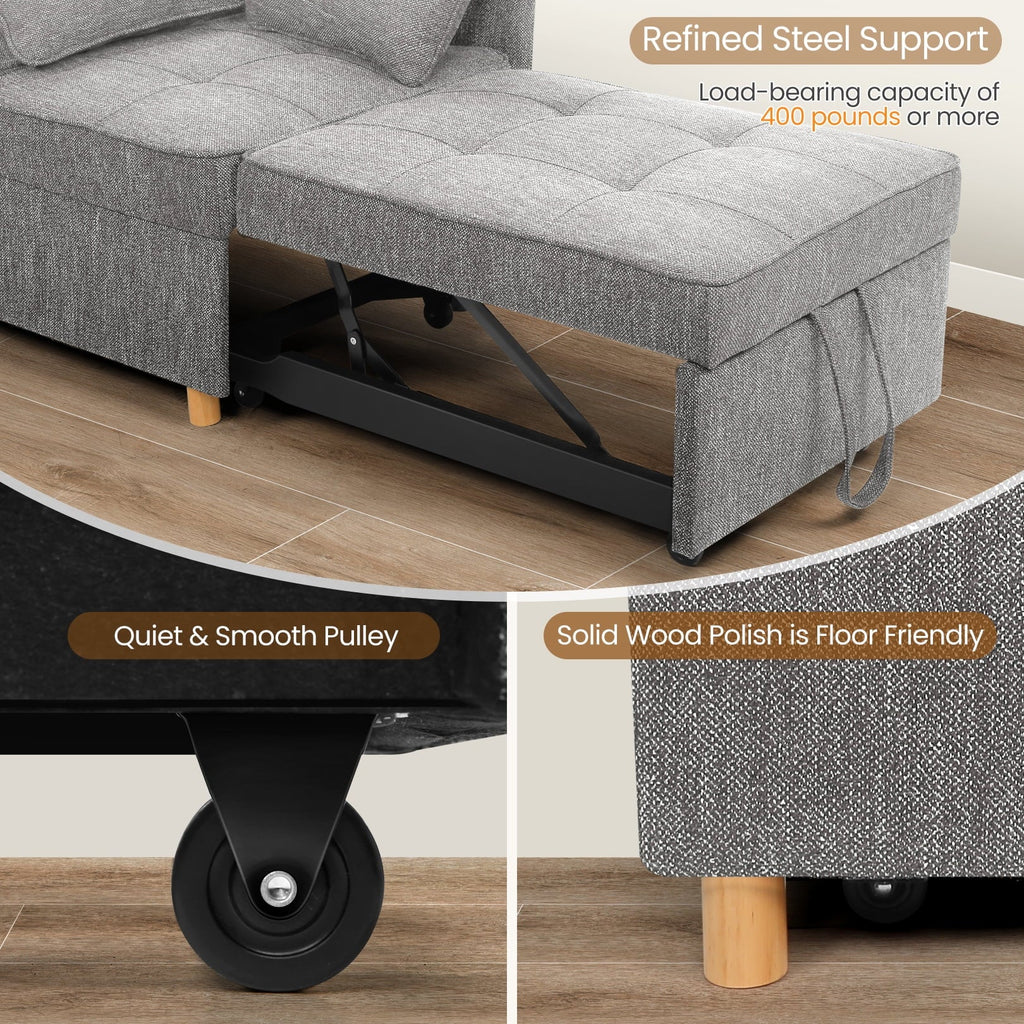SEJOV 4-in-1 Convertible Sleeper Chair Bed, Linen Sofa Bed for Small Space, Futon Sofa with 2 Throw Pillows for Living Room, Single Recliner with 5 Adjustable Backrest for Bedroom Apartment, Brown