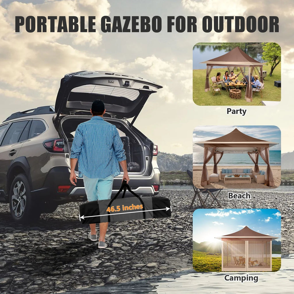 HOTEEL 12x12 Outdoor Pop-up Gazebo Canopy with Mosquito Netting 2-Tiered Vented Top 3 Adjustable Height for Backyard, Garden, Lawn,Light Grey