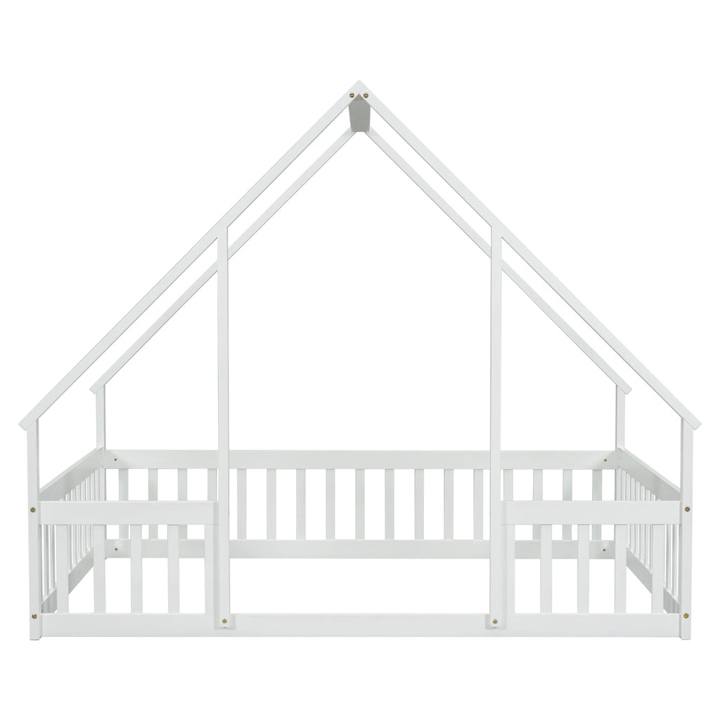 Bellemave Twin Size Floor Bed Frame, Wooden House Bed Twin Size with Fence, Montessori Bed with Guardrails for Bedroom (White)