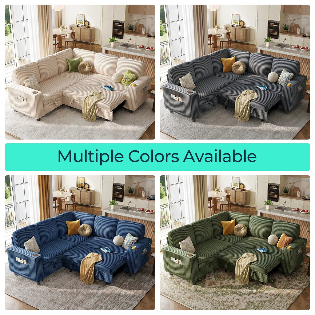 Linsy Home Storage Sectional Sleeper Sofa with Pull Out Bed, 9 Seat Modular Sectional Sofa with with USB & Cup Holder, Plush Corduroy Sectional Couches for Living Room, Green