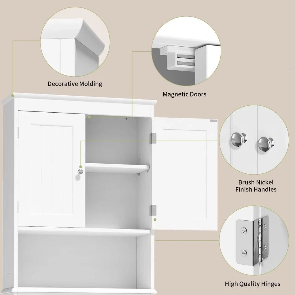 Aiho 66.1" over the Toilet Storage Cabinet with Adjustable Shelf and Open Storage Shelf, Freestanding - White