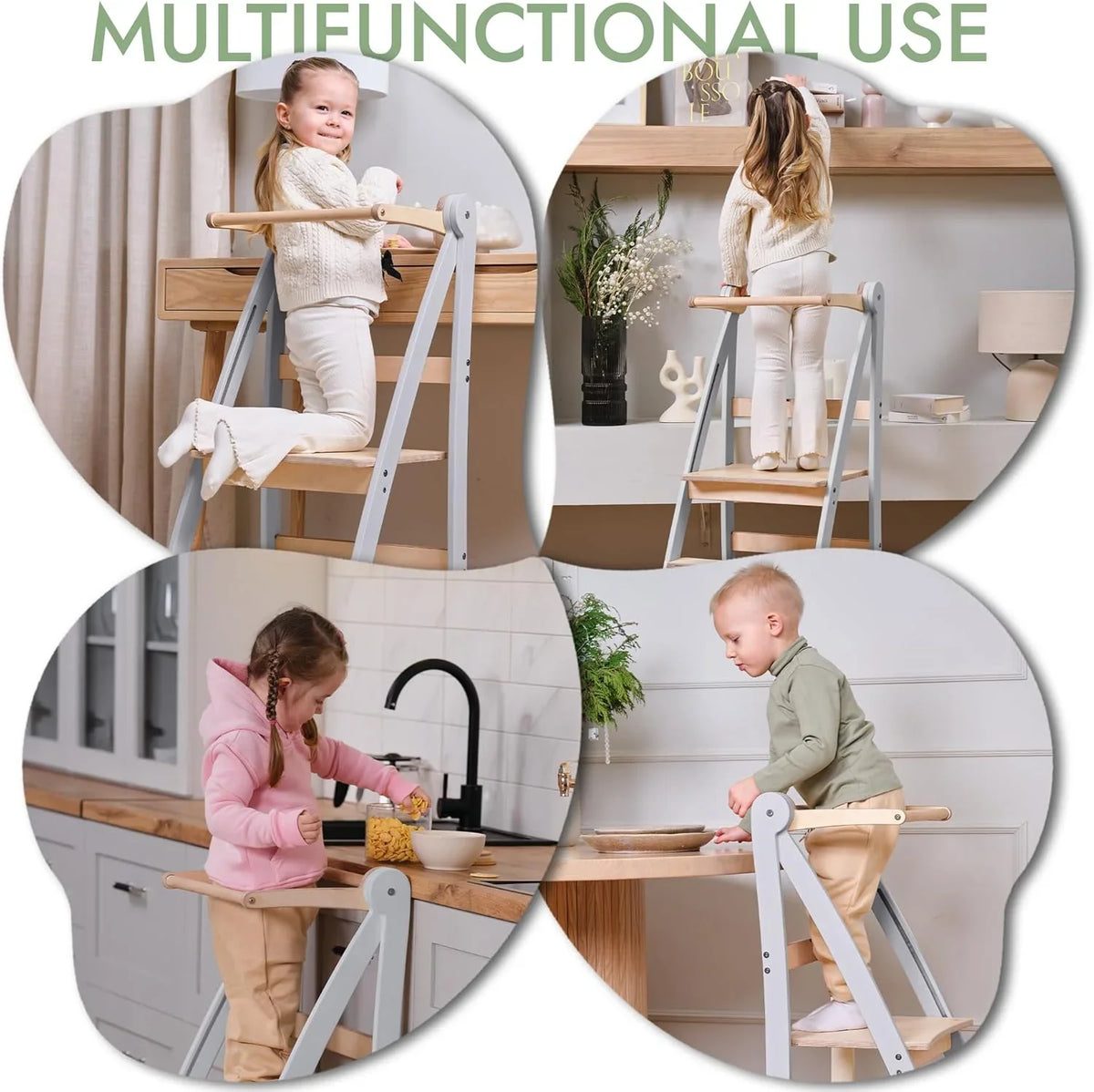 Folding Wooden Kitchen Standing Stool for Toddlers �C Safe & Compact Learning Step Stool, Ages 18 Months+