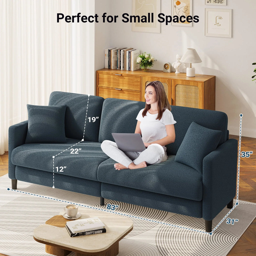 83" Comfortable Upholstered Sofa, 3 Seater Couch for Living Room, Neche Big Loveseat with Extra Deep Seats, 2 Pillows, Beige White