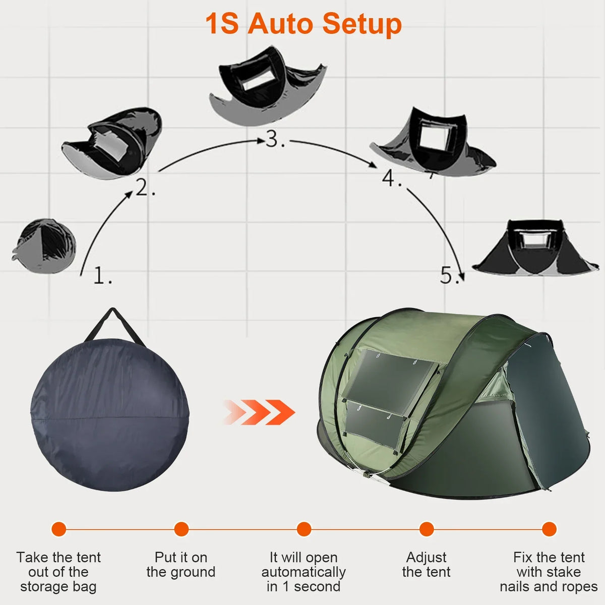 Tcbosik Easy Pop Up Tent for 5-8 Person, Automatic Setup Instant Family Tent with 2 Doors and 4 Mosquito Net Windows, Waterproof Camping Tent with Carry Bag for Hiking & Traveling, Khaki