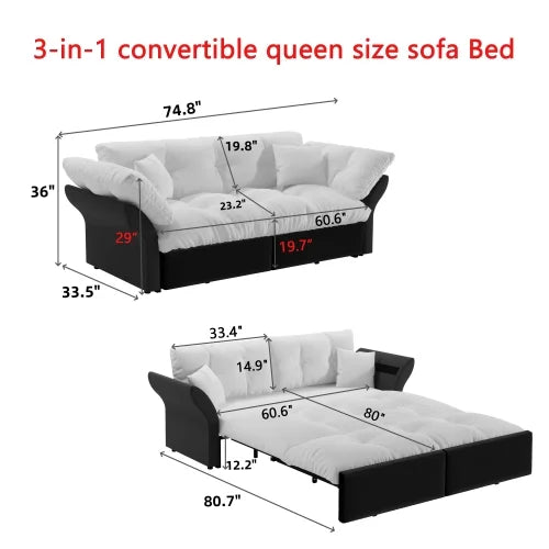 66" Queen Pull Out Sofa Bed, 3-in-1 Convertible Sleeper Sofa with Side Storage,Multi-Functional Velvet Loveseat Bed for Living Room,Bedroom