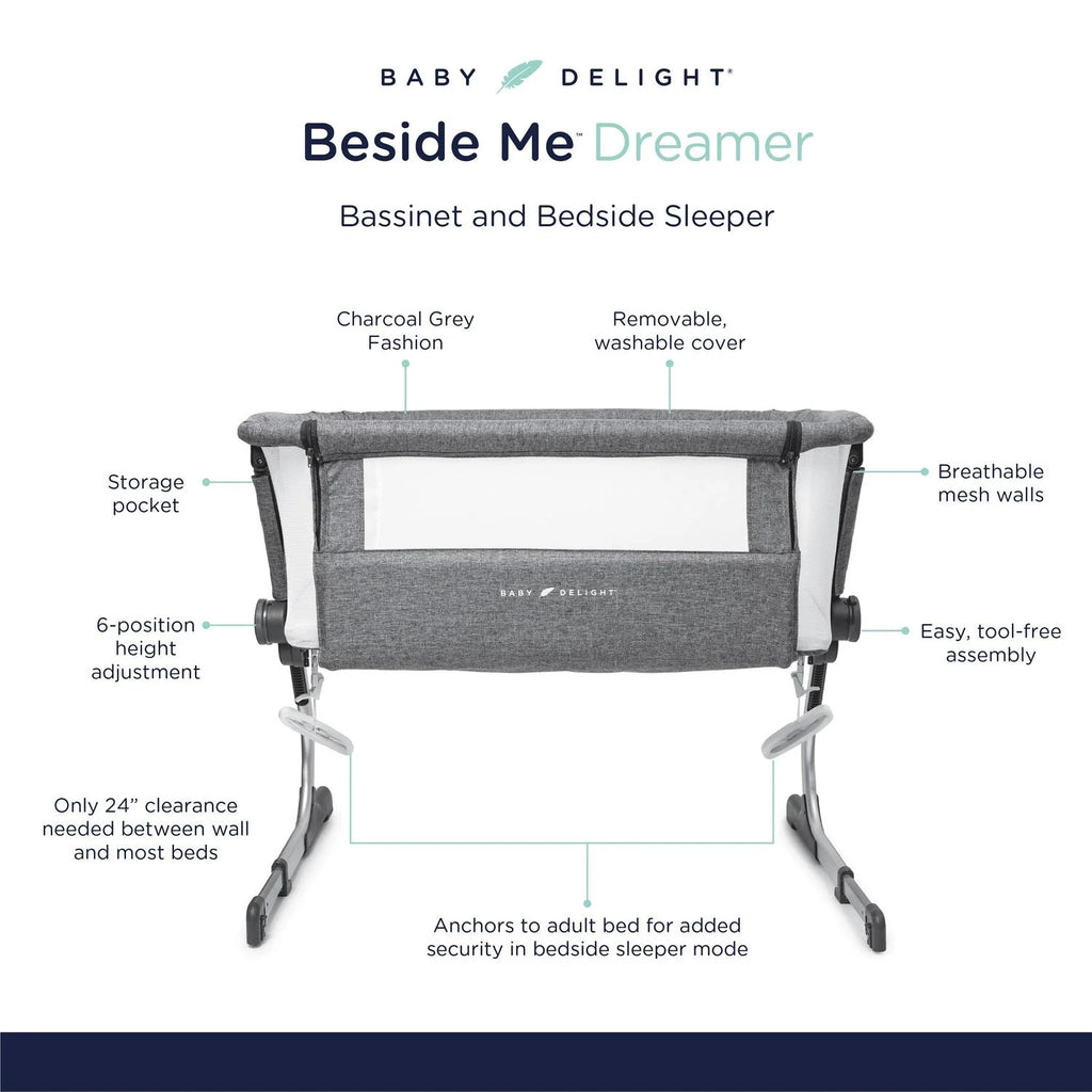 Baby Delight Beside Me Dreamer Bassinet & Bedside Sleeper. Charcoal Tweed. Ages 0-5 Months (Unisex)