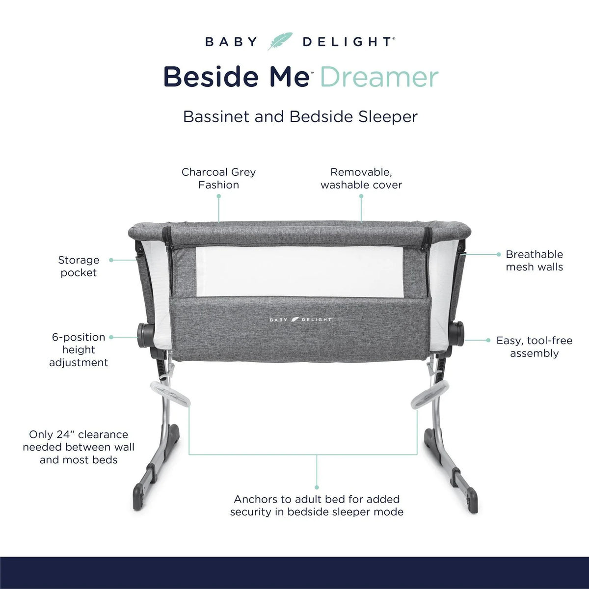 Baby Delight Beside Me Dreamer Bassinet & Bedside Sleeper. Charcoal Tweed. Ages 0-5 Months (Unisex)