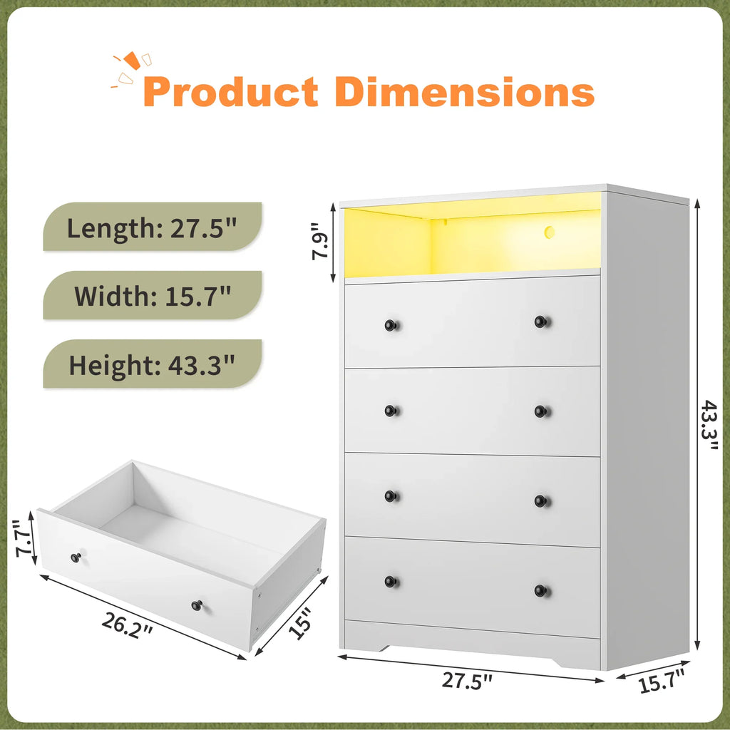 4-Drawer Black Wood Dresser with LED Lights,Modern Chest of Drawers for Bedroom,Living Room