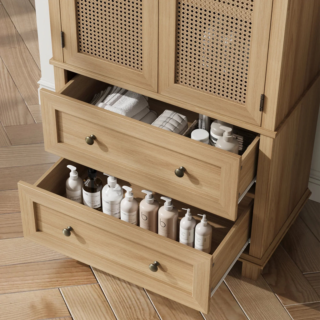 Homfa Bathroom Cabinet with Rattan Doors, Rattan Linen Storage Cabinet with 2 Drawers, Oak