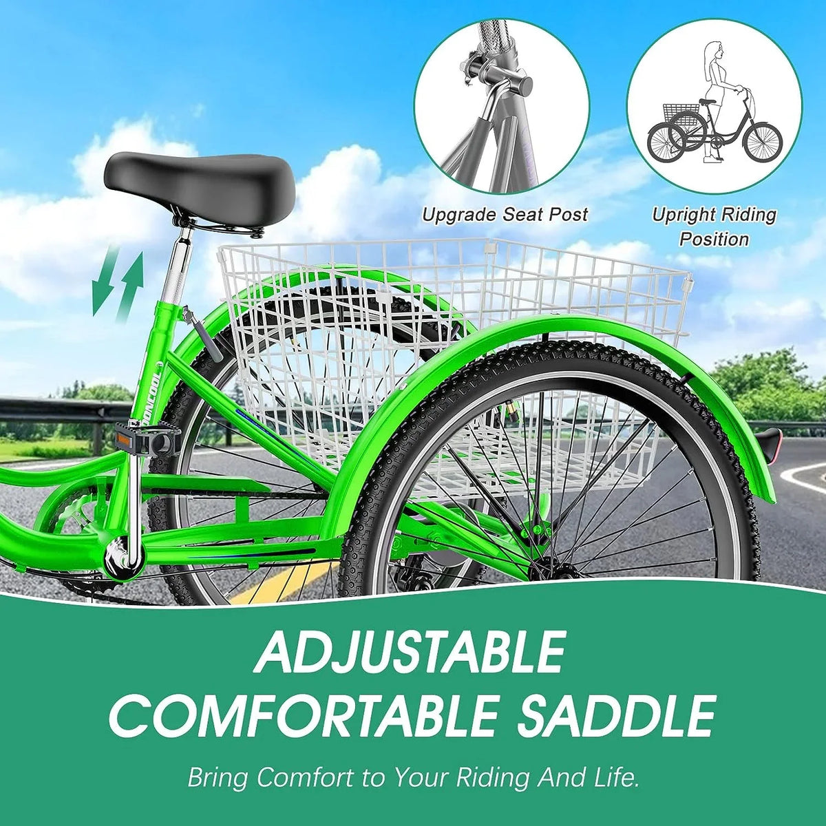 MOONCOOL Adult Tricycles with Rear Basket & Inflator, 24 26 inch 7 Speed 3 Wheel Bikes, Three-Wheeled Bicycles Adult Trike with Backrest for Seniors, Women, Men