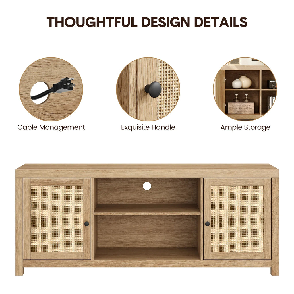Rattan TV Stand for 65 Inch, Boho Entertainment Center with Storage and Doors, Wood TV & Media Console Under TV Cabinet Furniture for Living Room