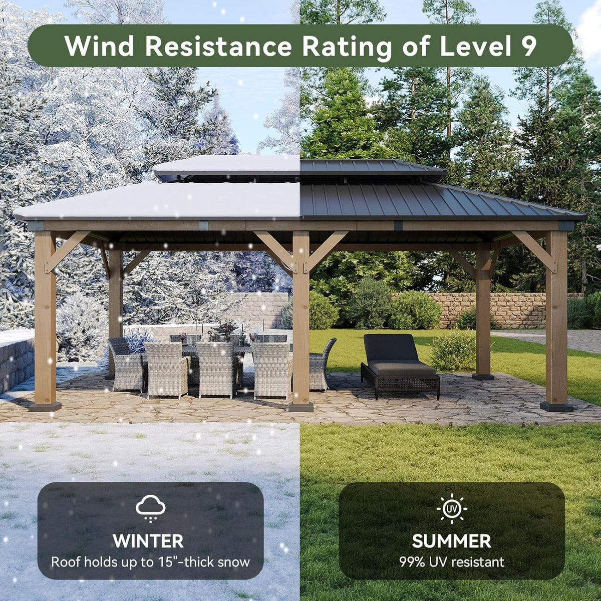 Aoxun 12' x 16' Outdoor Wood Gazebo, Hardtop Gazebo Permanent Wooden Pavilion with Galvanized Steel Double Roof, for Patio, Garden, Backyard, Cedar Wood
