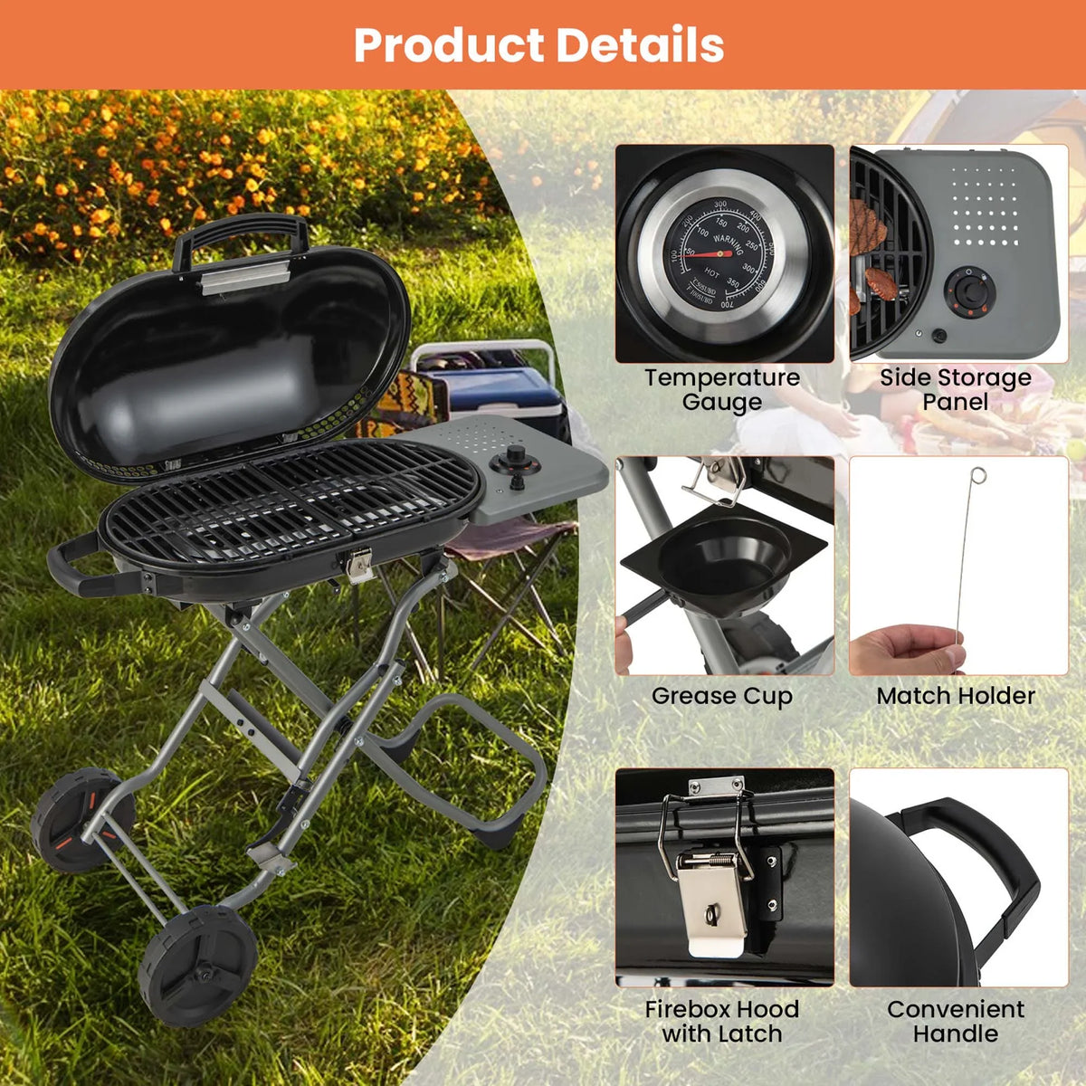 Costway Portable Propane Grill Folding Gas Grill Griddle with Wheels & Side Shelf