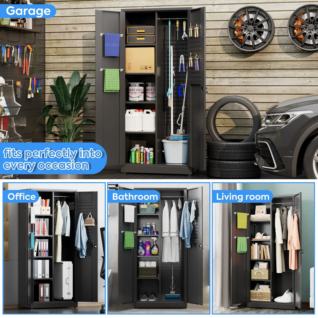 GAEANET 2 Door Metal Storage Cabinet with 5 Adjustable Shelves &Pegboard, 71" H"32" W"16" D Locking Steel Garage Cabinet, for Garage,Office,Home,Gym,School, File Cabinet,Assembly Required, Black