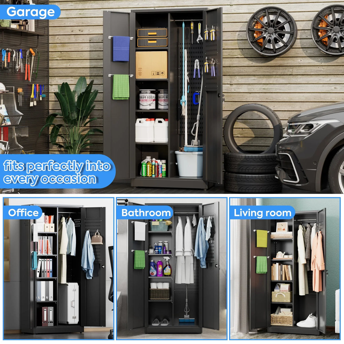 GAEANET 2 Door Metal Storage Cabinet with 5 Adjustable Shelves &Pegboard, 71" H"32" W"16" D Locking Steel Garage Cabinet, for Garage,Office,Home,Gym,School, File Cabinet,Assembly Required, Black