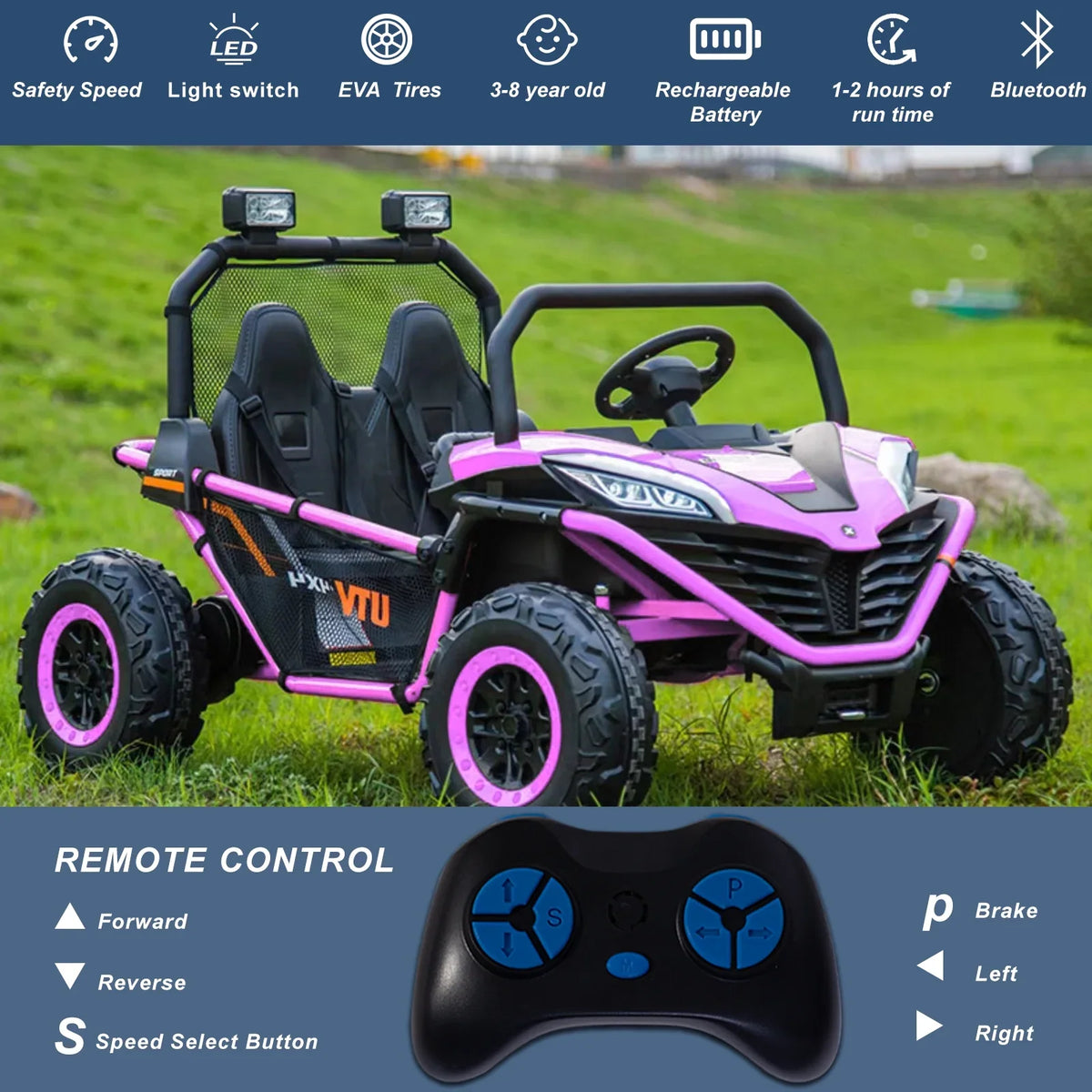 OTTORD 24 V Ride on Car UTV 2 Seater, 2x200W Electric Car Truck with Metal Frame, Brake&Gas Pedal, EVA Tires,3 Speed (Purple Pink)