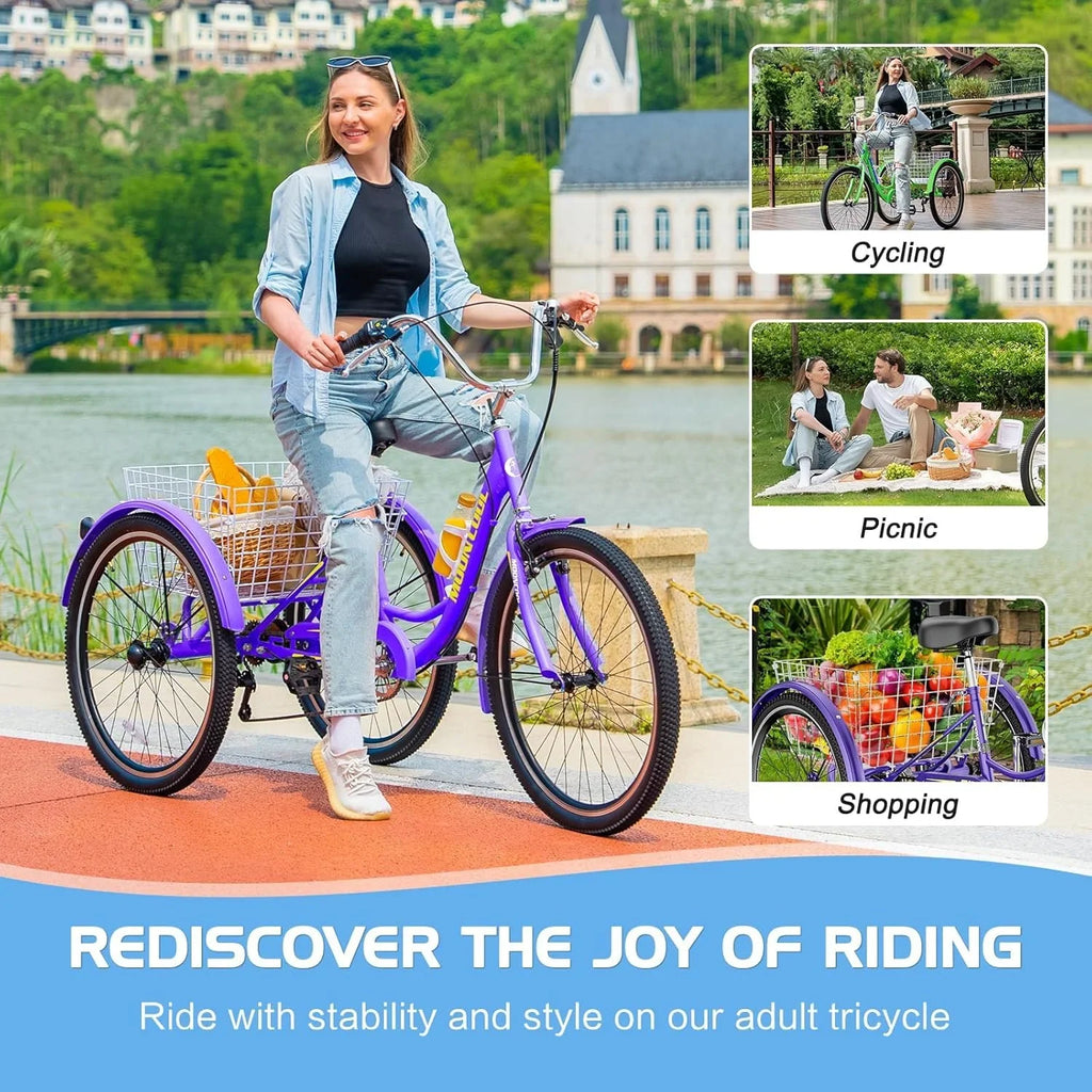 MOONCOOL Adult Tricycles with Rear Basket & Inflator, 24 26 inch 7 Speed 3 Wheel Bikes, Three-Wheeled Bicycles Adult Trike with Backrest for Seniors, Women, Men
