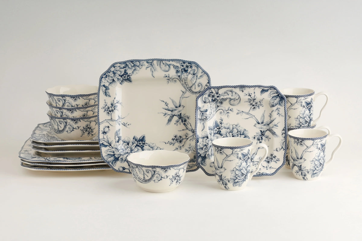 222 Fifth Adelaide Round 16-Piece Porcelain Dinnerware Set, Black Toile