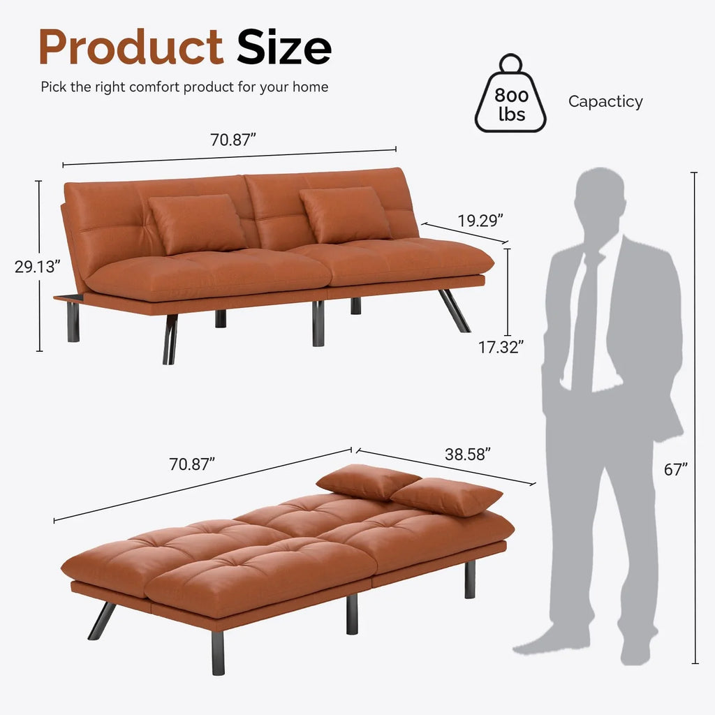 70"" Convertible Futon Sofa Bed Folding Bed Sleeper Couch for Living Room, Small Space or Office, Light Grey