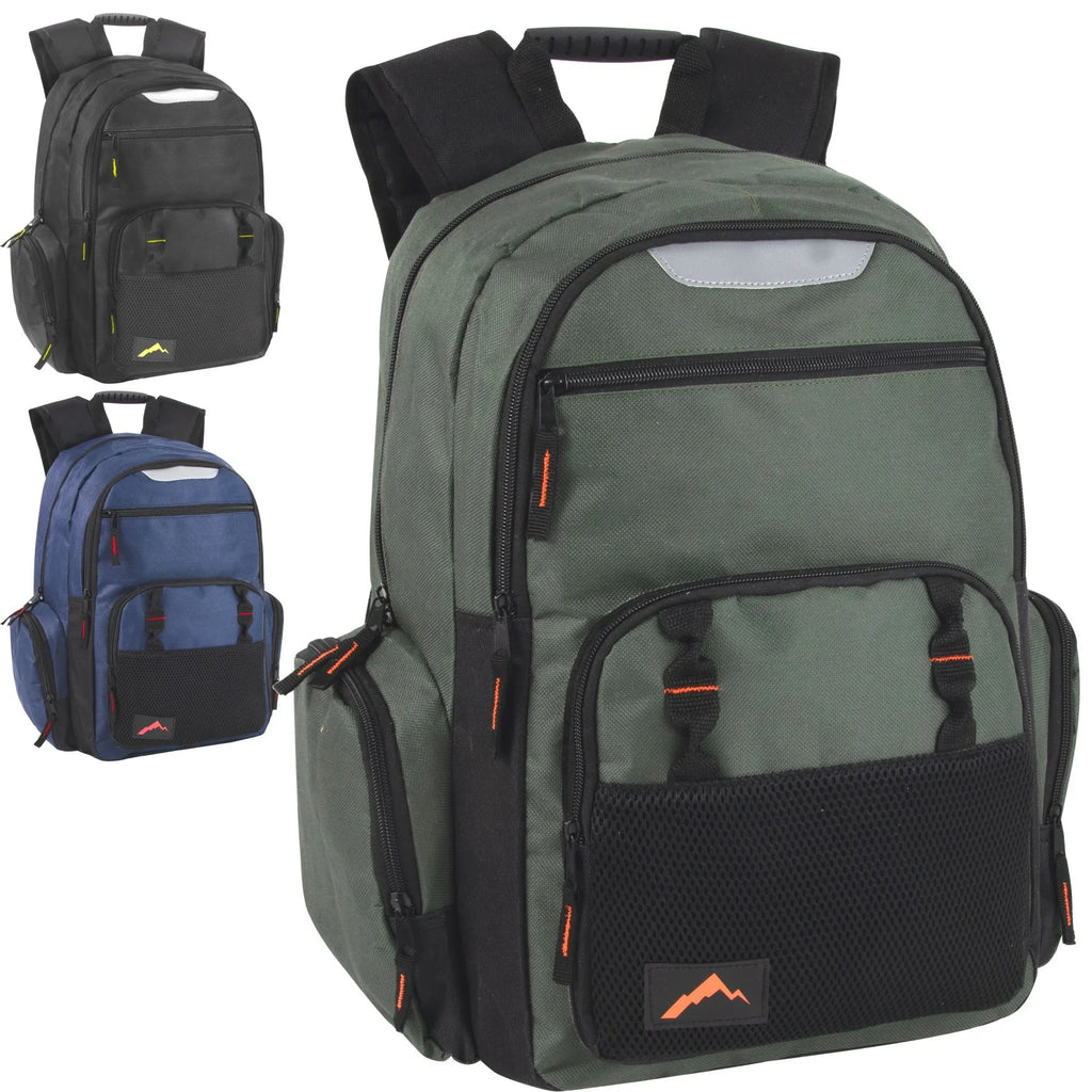 24 Pack of Bulk Wholesale Heavy Duty, Reflective, Dual Compartment, Multi-Pocket, Laptop Backpacks for Work, School, College, Classrooms, Charity and Homeless Donation in Male Colors Pack