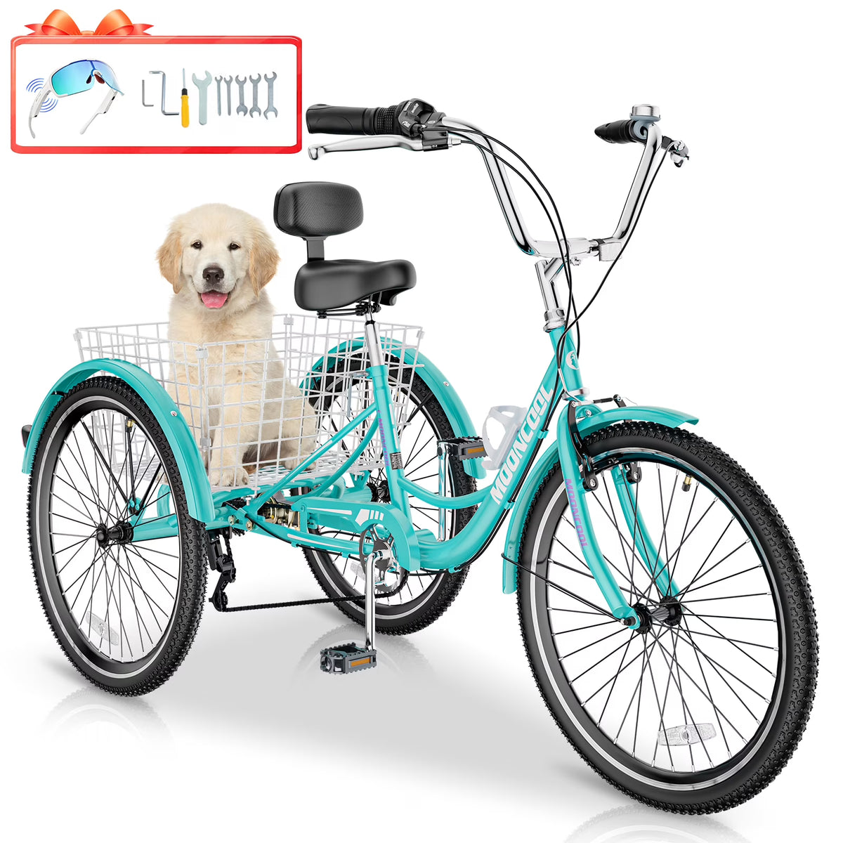 MOONCOOL Adult Tricycles with Rear Basket & Inflator, 24 26 inch 7 Speed 3 Wheel Bikes, Three-Wheeled Bicycles Adult Trike with Backrest for Seniors, Women, Men
