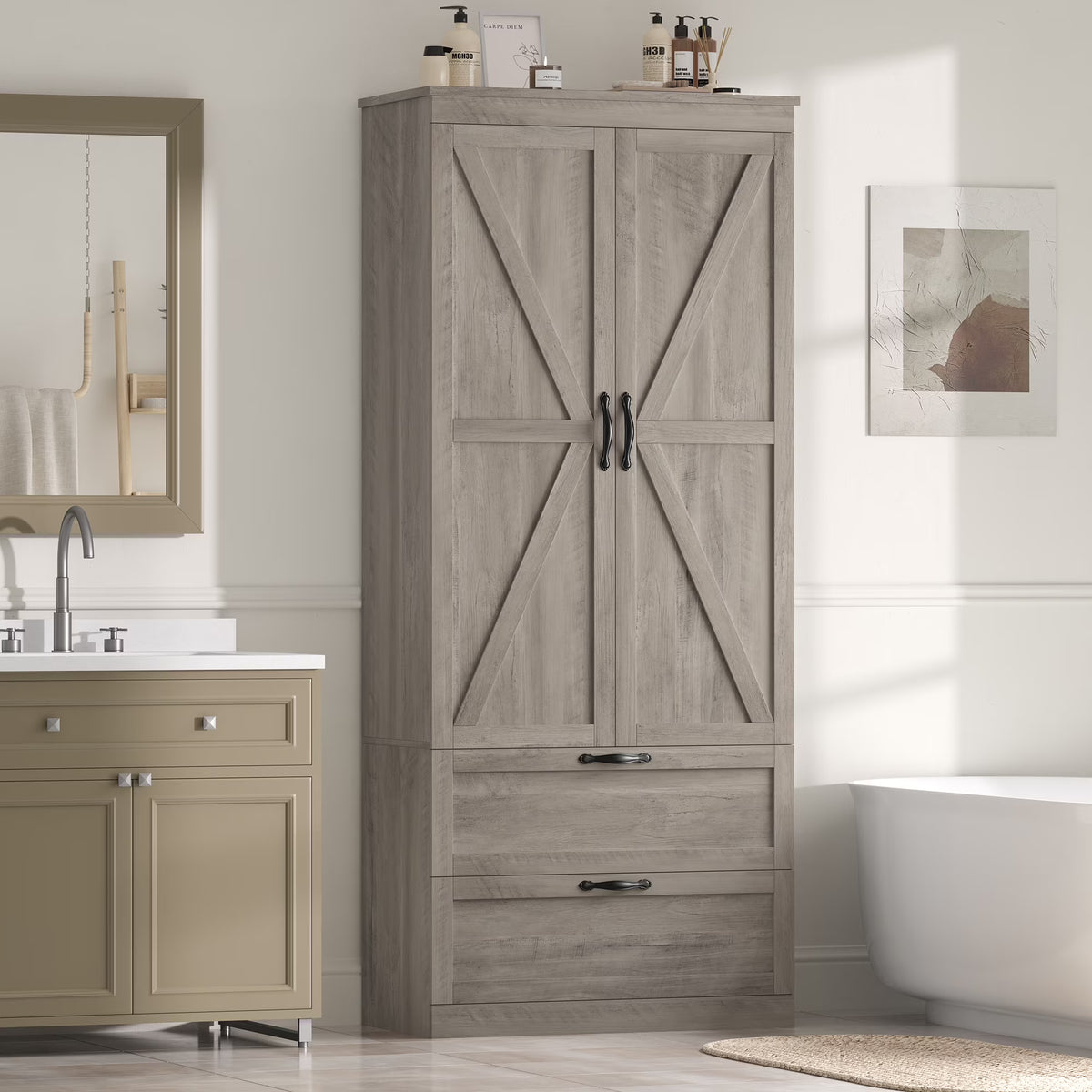 Homfa 70.3"H Bathroom Storage Cabinet, Farmhouse Linen Storage Cabinet with 2 Drawers, White