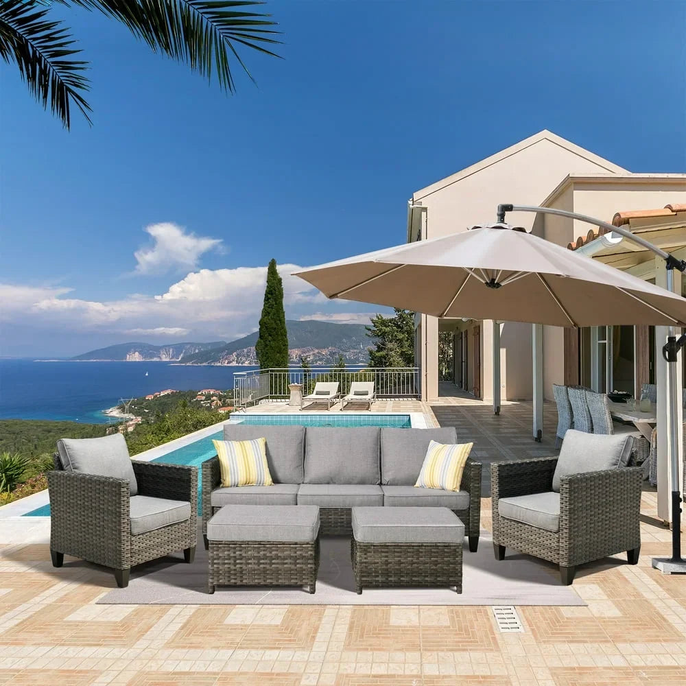 Ovios 5 Pieces Outdoor Patio Furniture Set Wicker Rattan Outdoor Conversation Comfortable Sectional Sofa with Steel Frame, Grey