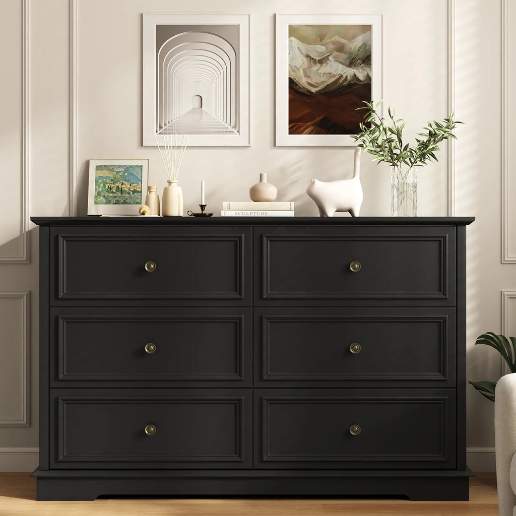 IDEALSOUL Black Dresser,6 Drawer Dresser for bedroom,Retro Wood Storage Cabinet for Living Room