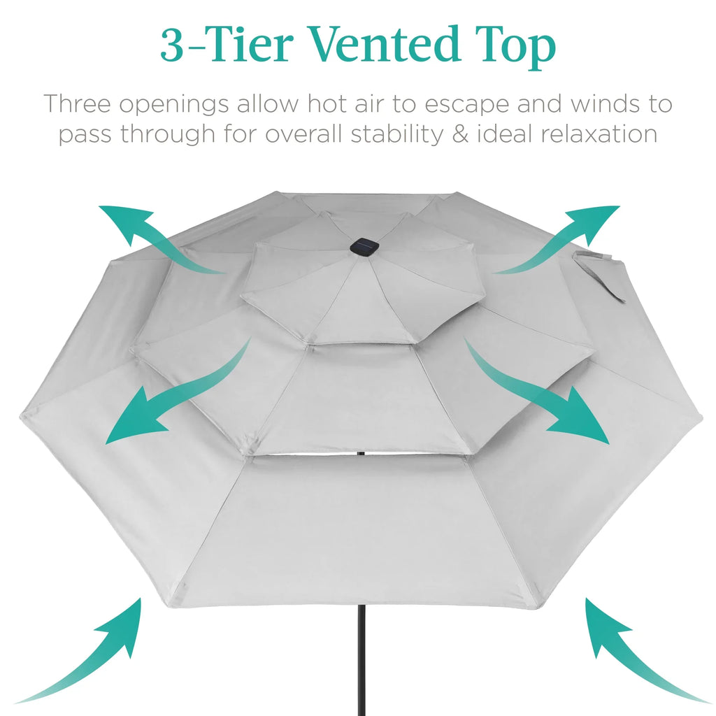 Best Choice Products 10ft 3-Tier Solar Patio Umbrella w/ 24 LED Lights, Tilt Adjustment, Easy Crank - Tan