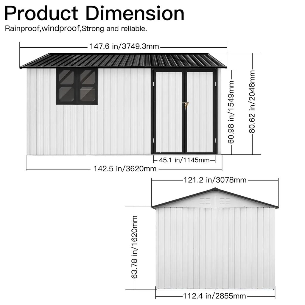 10x12 FT Outdoor Storage Shed, Metal Garden Tool Shed with Vents, Window and Bulit-in Hooks, Waterproof Organization for Home/Backyard/Garden Tools/Lawn Storage, Yellow+White