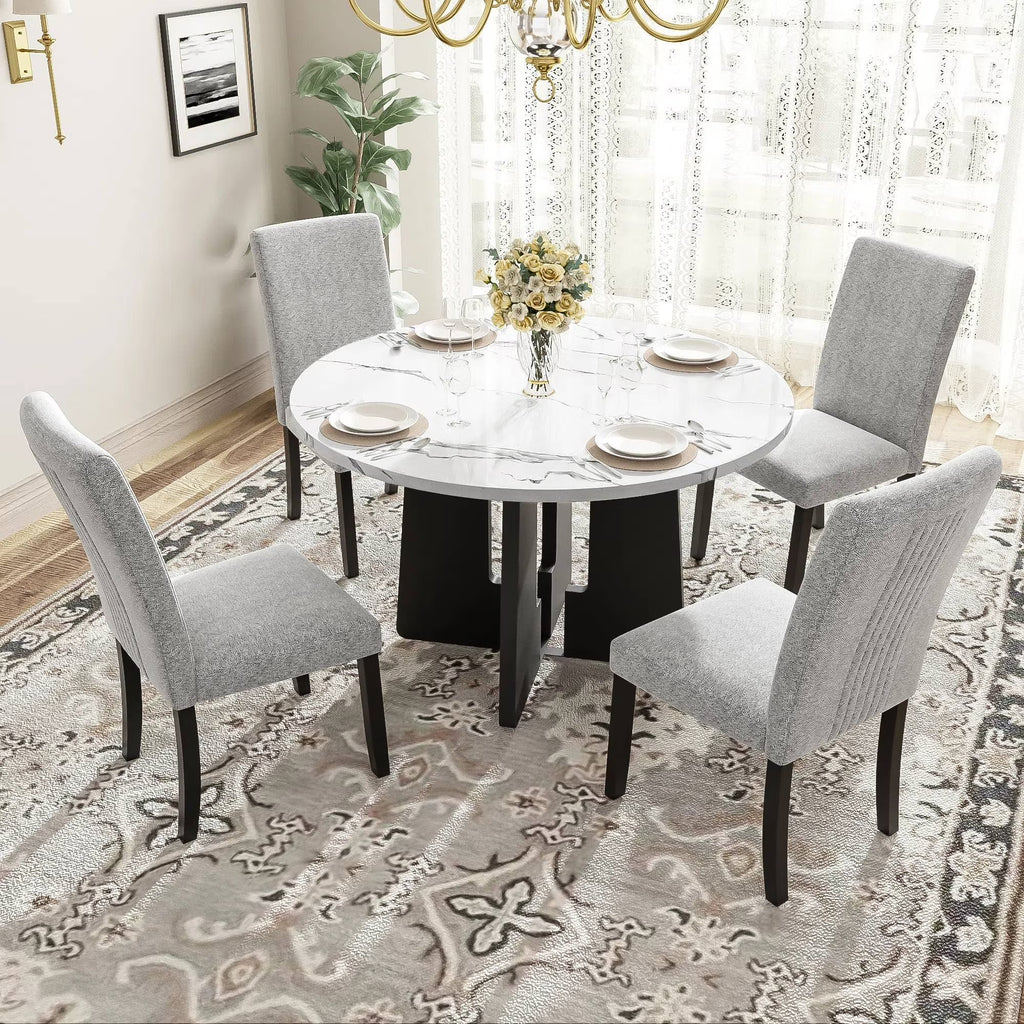 EUROCO 5-Piece Round Dining Table Set for 4, 43.3'' Kitchen Room Table with 4 Upholstered Chairs and Solid Wood Frame,Kitchen Table Set for Home Living Dining Room, Grey & Black