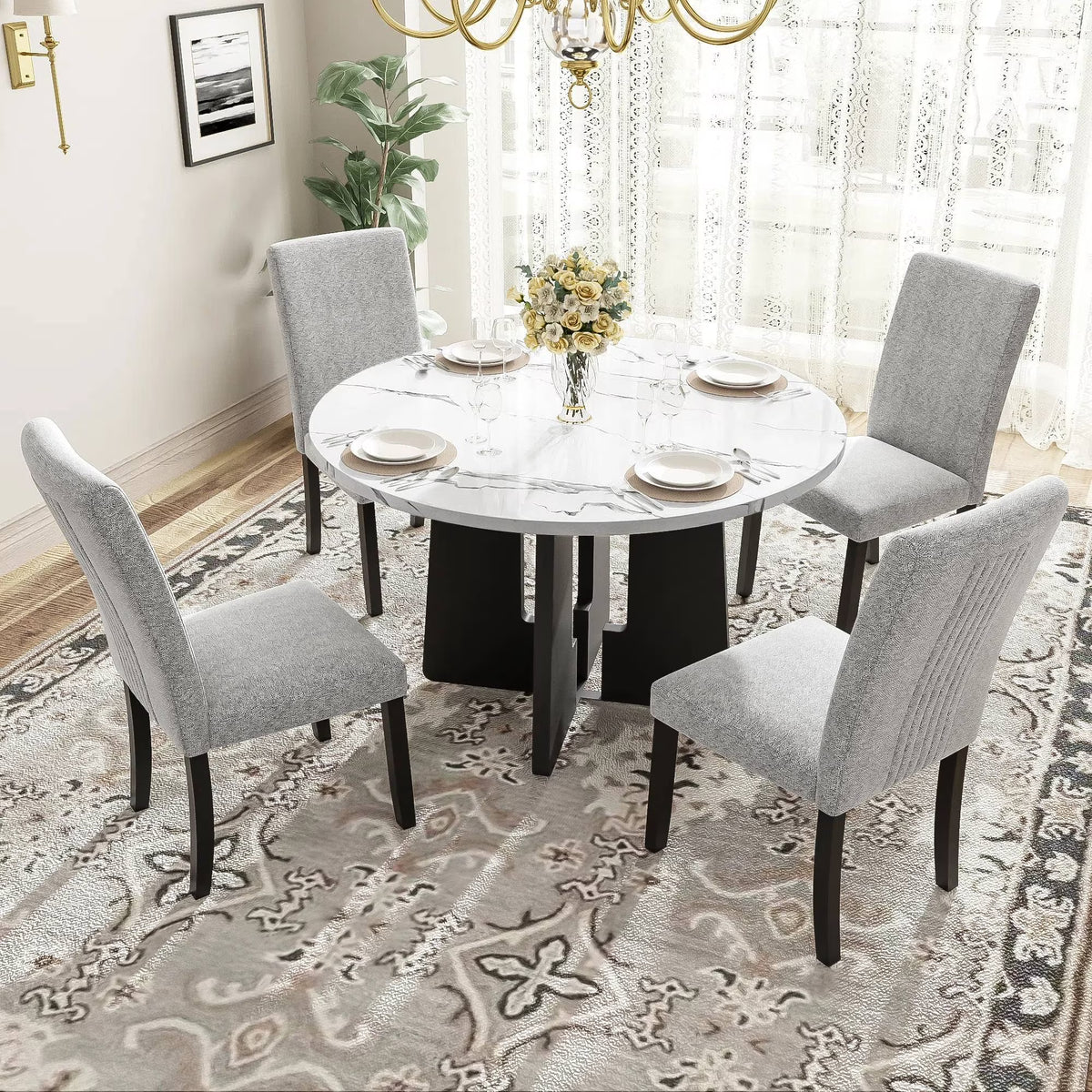 EUROCO 5-Piece Round Dining Table Set for 4, 43.3'' Kitchen Room Table with 4 Upholstered Chairs and Solid Wood Frame,Kitchen Table Set for Home Living Dining Room, Grey & Black