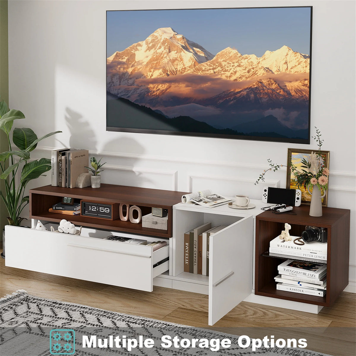 Planntonneo Mid-Century Modern Fluted TV Stand Wooden Media Console Entertainment Center for Living Room, Walnut Color