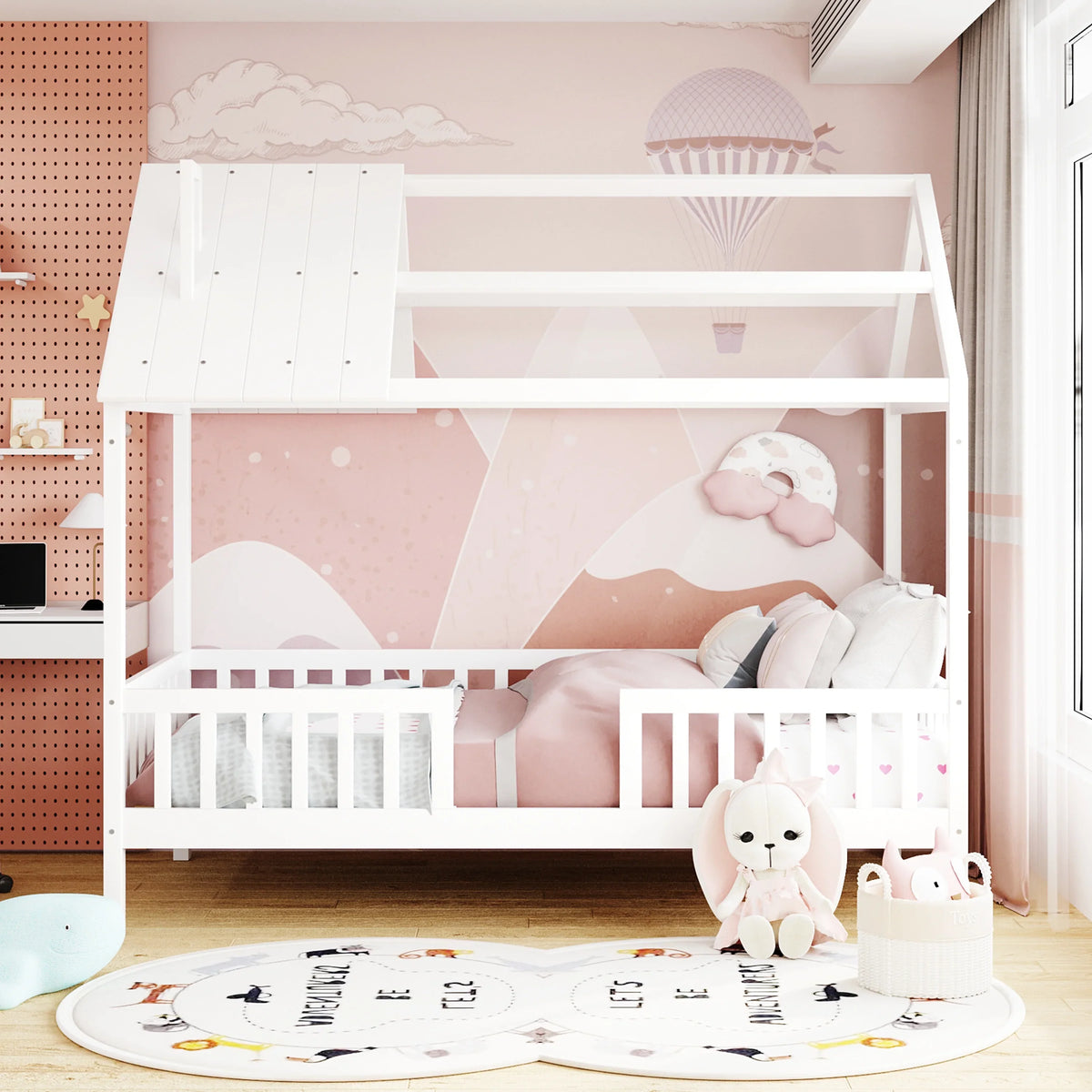 Euroco Twin Size Platform Bed, House Bed with Fence for Kids, Gray