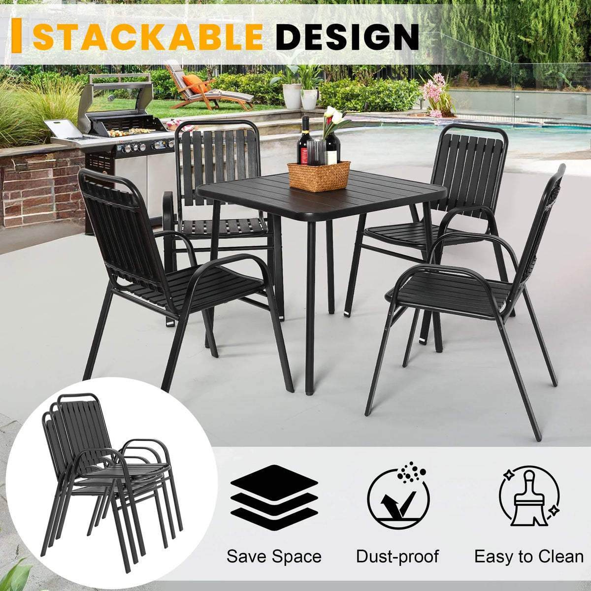 Seizeen 7-Piece Outdoor Table and Chairs, Patio Table Set with 6 Rattan Chairs, All-weather Outdoor Patio Dining Sets Rectangular Metal Table with Acacia Wood Top, Umbrella Hole, Gray