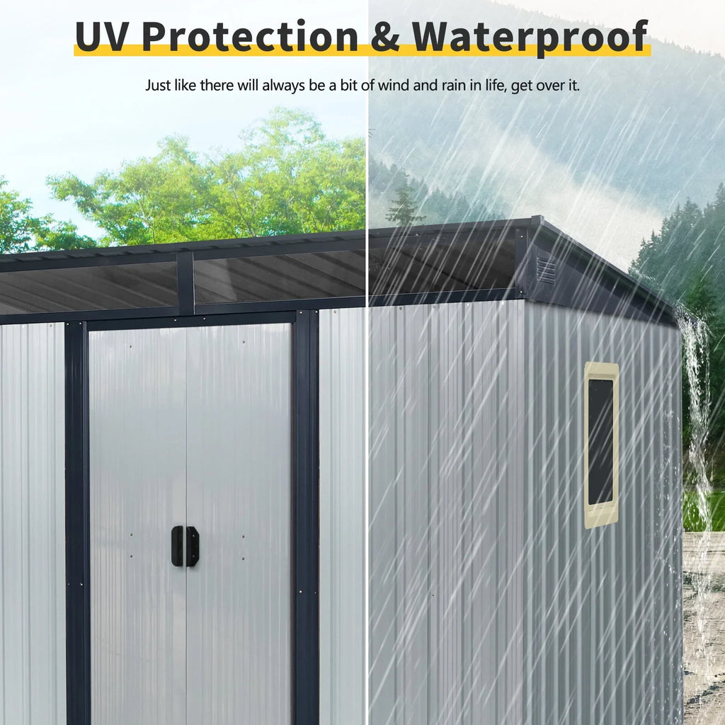 Garden Sheds 8 ft x 6 ft Outdoor Metal Storage Shed with Window and Transparent plate for Garden, Lawn (White and Black),Outdoor Sheds
