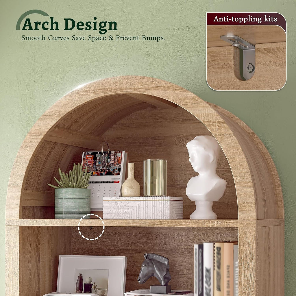 Bookshelf Arched Cabinet,5-Tier Arched Bookcase with Doors and Adjustable Shelves,Wooden Storage Cabinet with Open Display Shelf for Office,Living Room"Light Oak