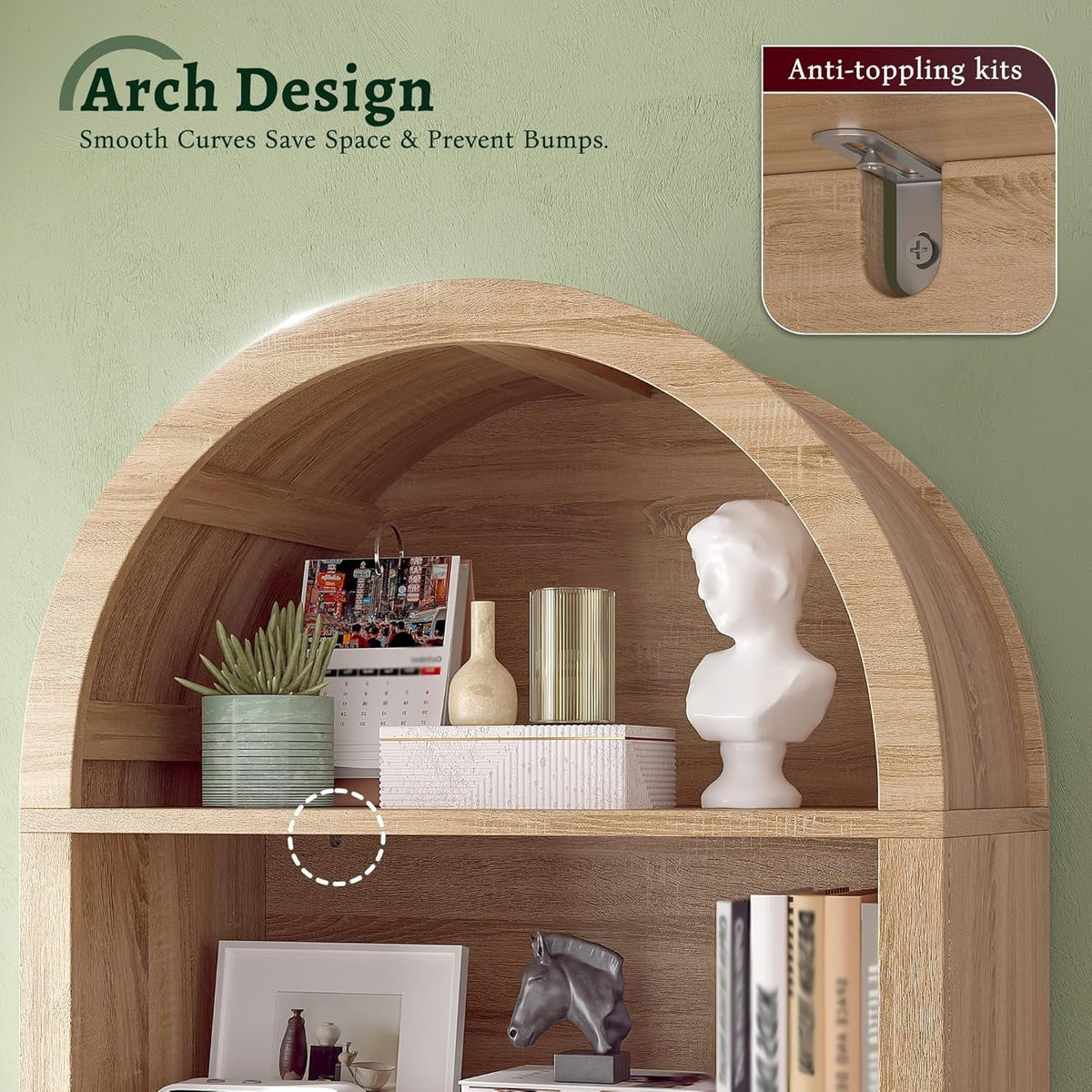 Bookshelf Arched Cabinet,5-Tier Arched Bookcase with Doors and Adjustable Shelves,Wooden Storage Cabinet with Open Display Shelf for Office,Living Room"Light Oak