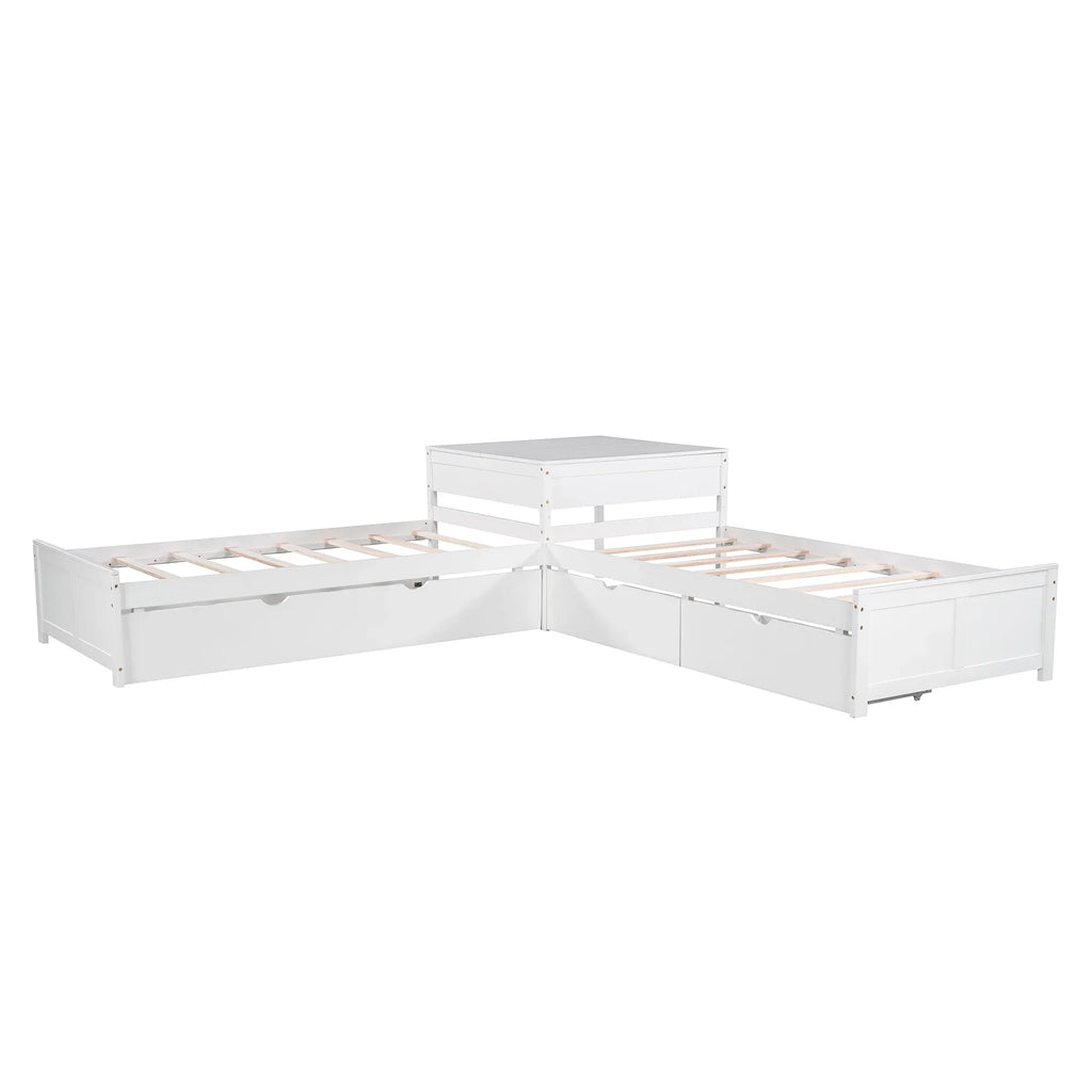 Euroco Wood Twin Size L-Shaped Platform Bed with Square Storage Table for Kids Teens, 2 Platform Beds with Trundle and Drawers for Living Room, 3 Twin Beds, Gray