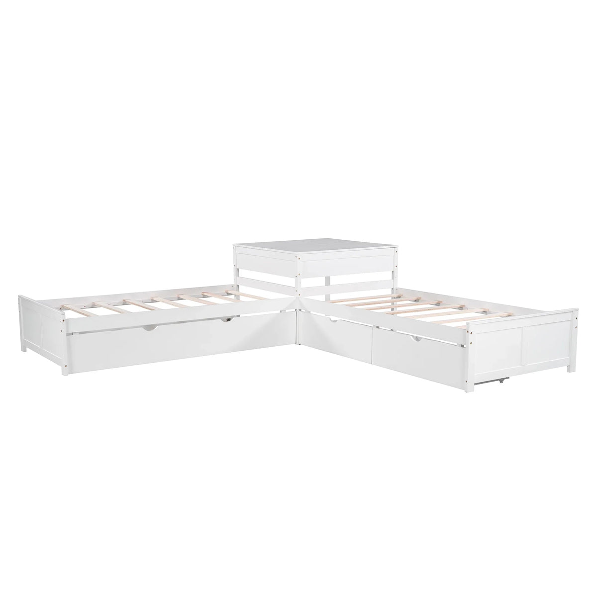 Euroco Wood Twin Size L-Shaped Platform Bed with Square Storage Table for Kids Teens, 2 Platform Beds with Trundle and Drawers for Living Room, 3 Twin Beds, Gray