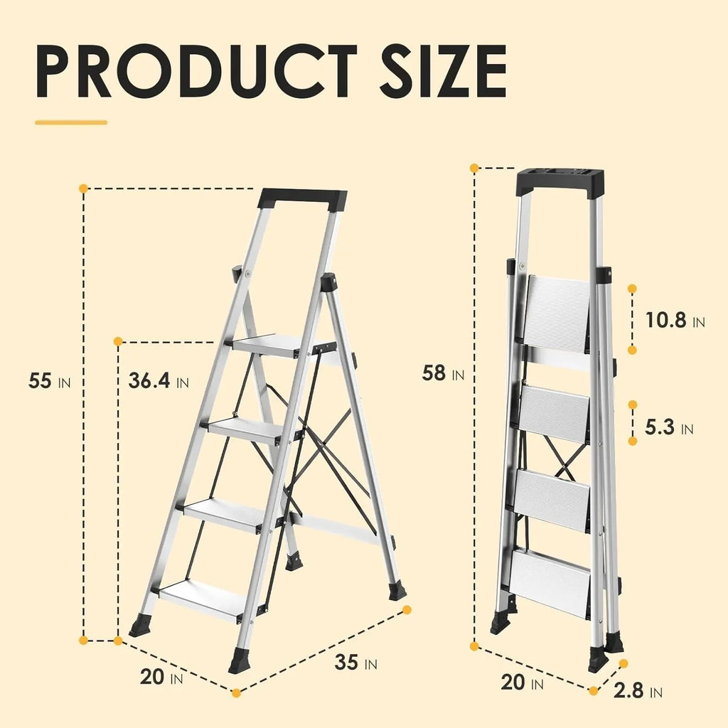 HBTower 4 Step Ladder with Tool Tray, Aluminum Anti-Slip Folding Step Stool for Adults, 330lbs Capacity, Light Weight Portable Ladder for Kitchen Warehouse Outdoor Work