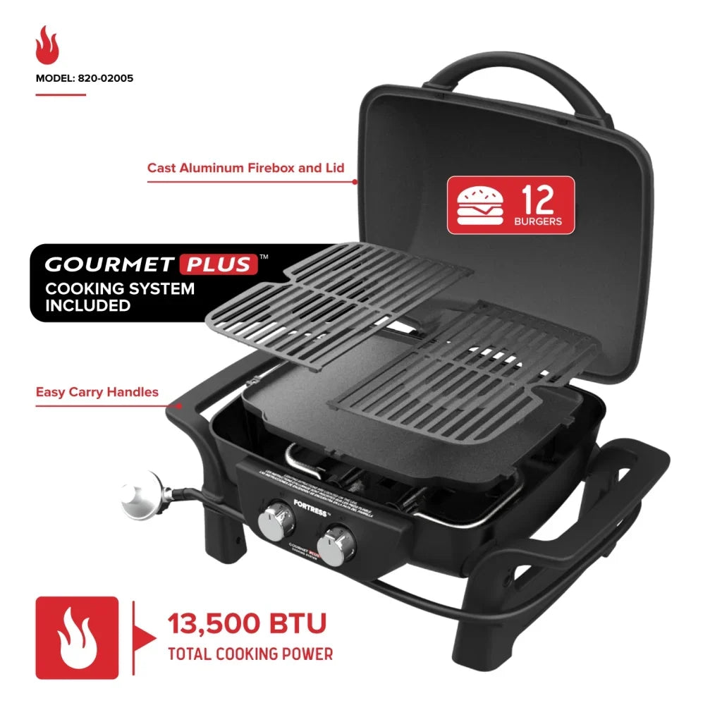 Nexgrill Fortress 2-Burner Portable Gas Grill & Griddle Combo with 263 SQ In Cooking Space, Easy Lift Handles, 13,500 BTU, 2-in-1 Small Tabletop Grill for Camping, Outdoor Cooking, and More 820-02005